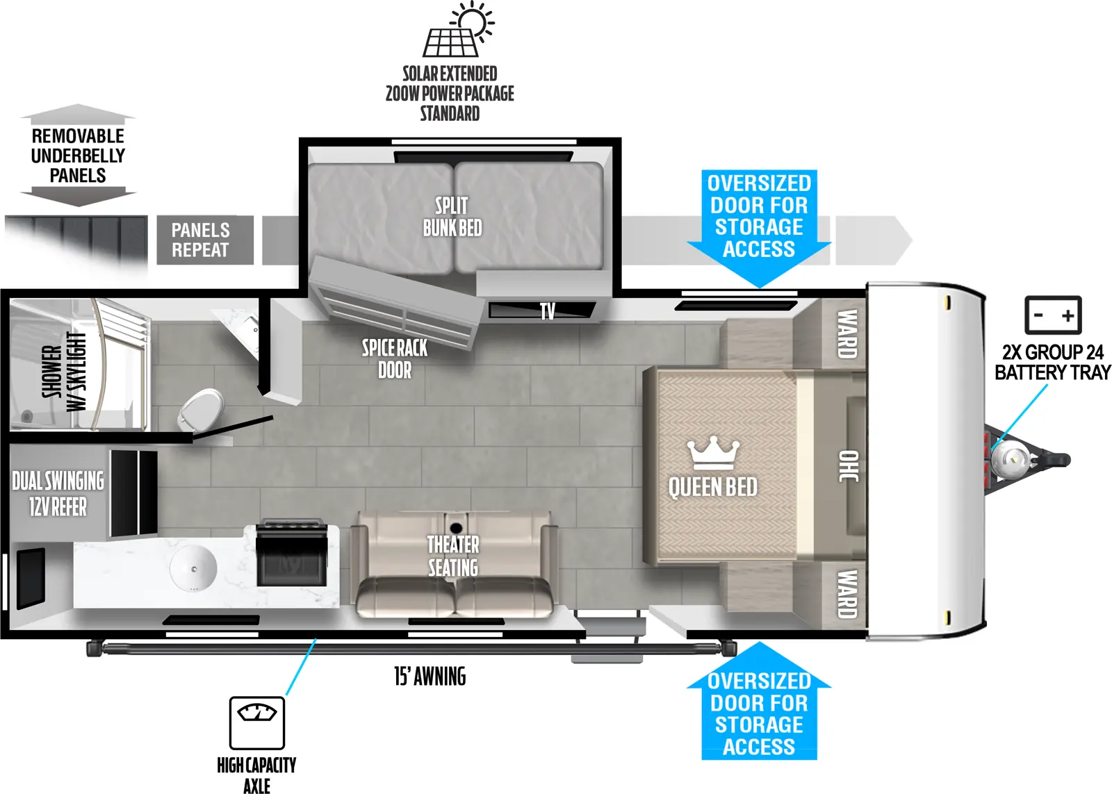 The Salem FSX 162VIEW floorplan has one entry and one slide out. Exterior features include: fiberglass exterior and 15' awning. Interiors features include: bunk beds and front bedroom.